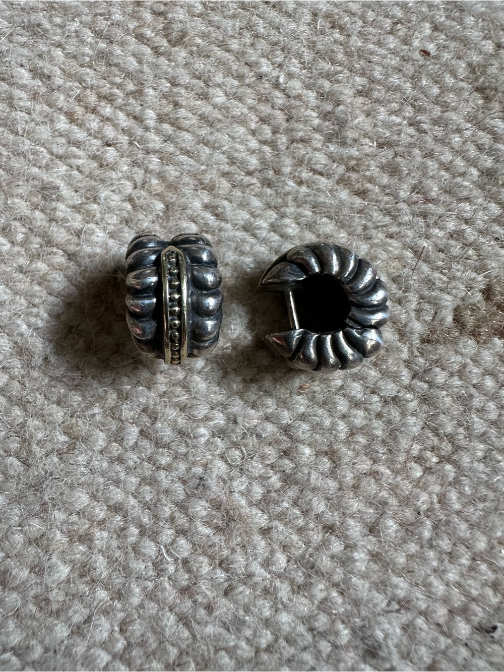 Vintage 14k Gold Sterling Silver Ribbed Textural Earrings - Picture 2 of 8